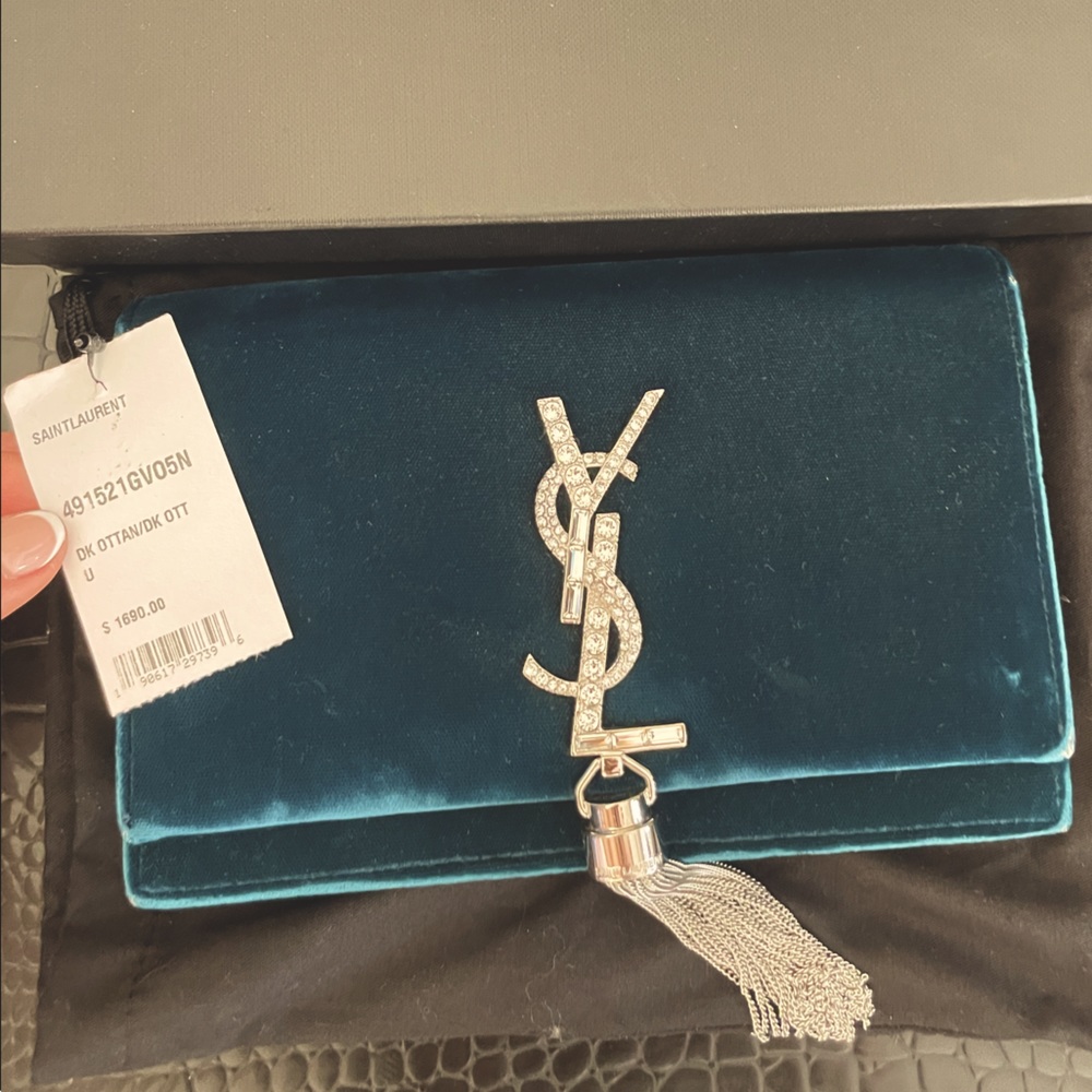 Authentic YSL saint laurent monogram Kate tassel crystal green velvet crossbody